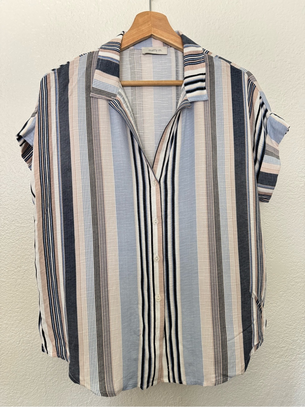 matty m Blue and Beige Striped Short Sleeve Button-Up Top